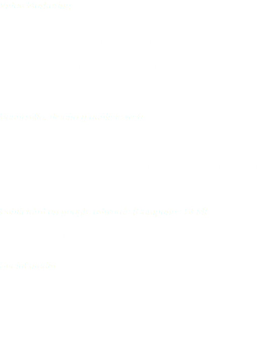 Video Marketing Empleamos las mejores herramientas de la producción audiovisual y las integramos a las estrategias del marketing digital para posicionar tu marca o promocionar tus servicios. Logra mayor cantidad de seguidores y miles de visualizaciones en tus vídeos de la web a través del SEO. Desarrollo, diseño y análisis web Desarrollamos y diseñamos sitios web en función a objetivos. Diagnóstico y análisis de posicionamiento web (SEO). Mantenimiento y rediseño de páginas web y posicionamiento orgánico en buscadores. Asesoría en adquisición de dominio y hosting. Publicidad en google adwords (Campañas SEM) Asesoramos en campañas con google adwords (SEM). Social media Elaboramos contenidos para redes sociales, planes y campañas de social media, gestión externa de redes sociales. 